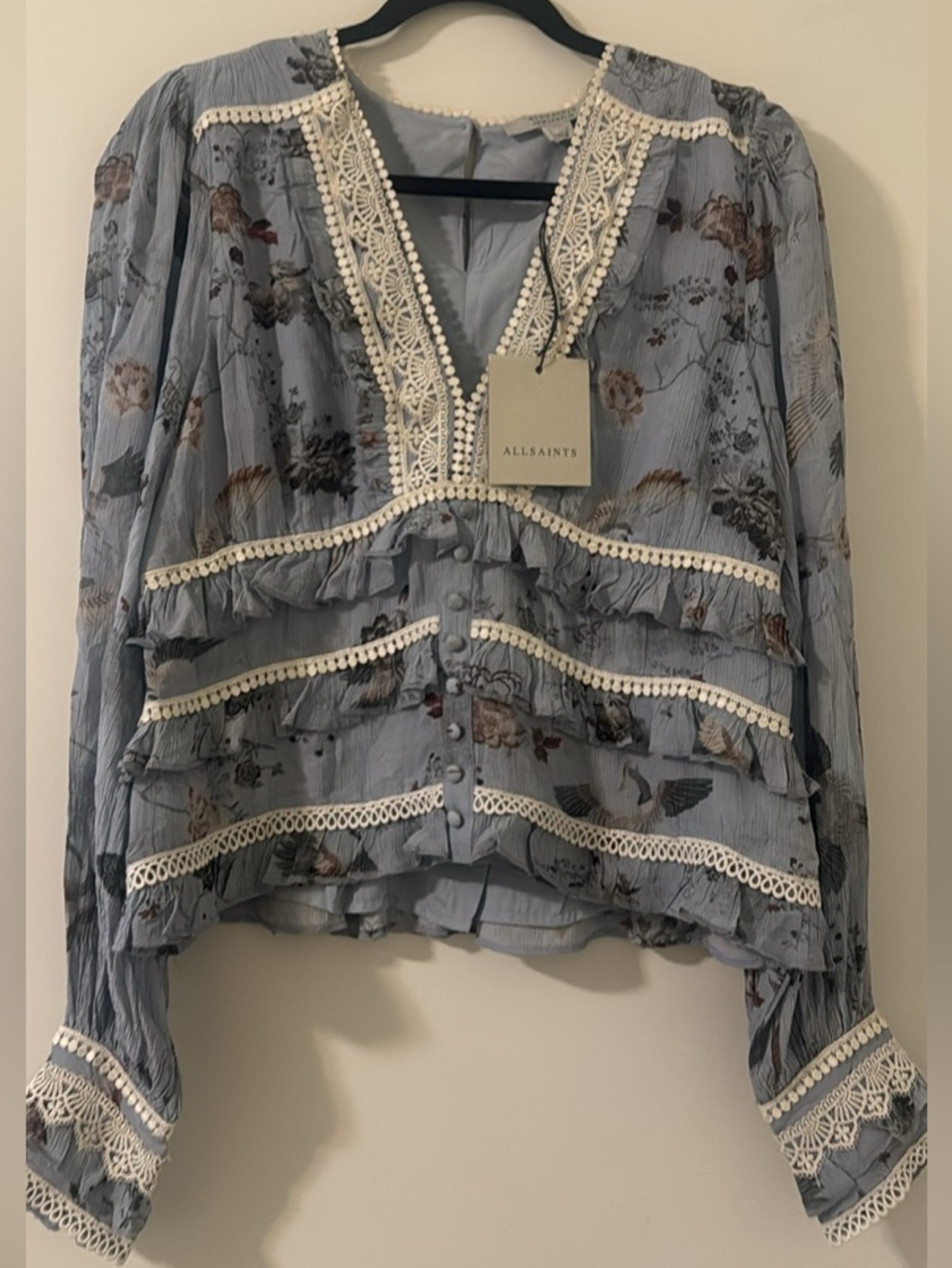 All Saints Pale Blue Floral Lace-Trim Blouse